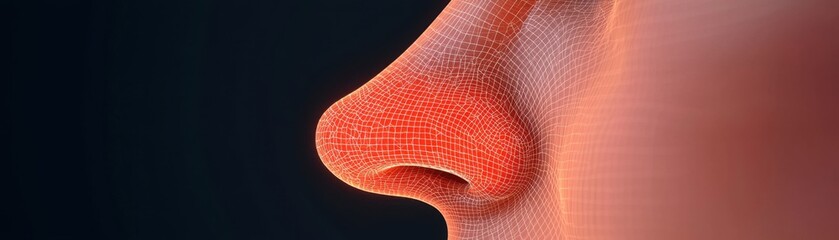 Digital Wireframe Human Organs 3D Model with Glowing Effect. Close-up of a textured nose against a dark background