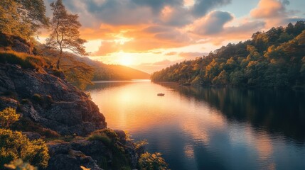 Breathtaking River at Sunset with Golden Sky and Lush Green Hills Reflecting on Water