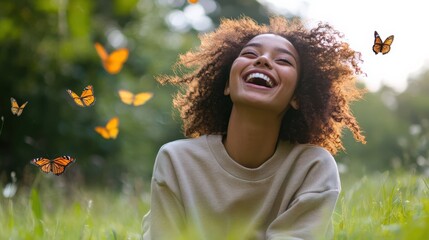 Joyful Woman Surrounded by Butterflies in a Sunlit Meadow