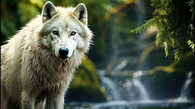 Majestic white wolf encounters lush forest waterfall in serene natural habitat at twilight
