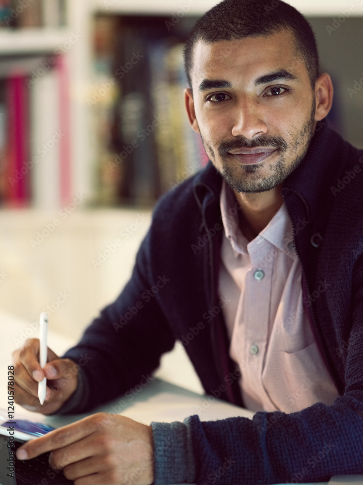 Poster office, graphic designer and businessman in portrait with tablet, artwork and editing layout for web