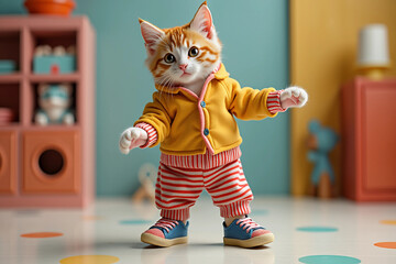Portrait of stylish cat dancing in sneakers in baby outfit against background of room with toys