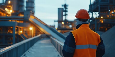 A worker in protective gear inspecting the conveyor belt at an industrial flour mill