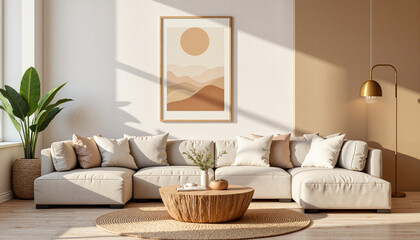 Stylish living room with earth tone decor, modern coziness