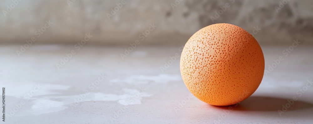 Poster orange spherical sponge with porous texture on light surface, showcasing unique design and color, co