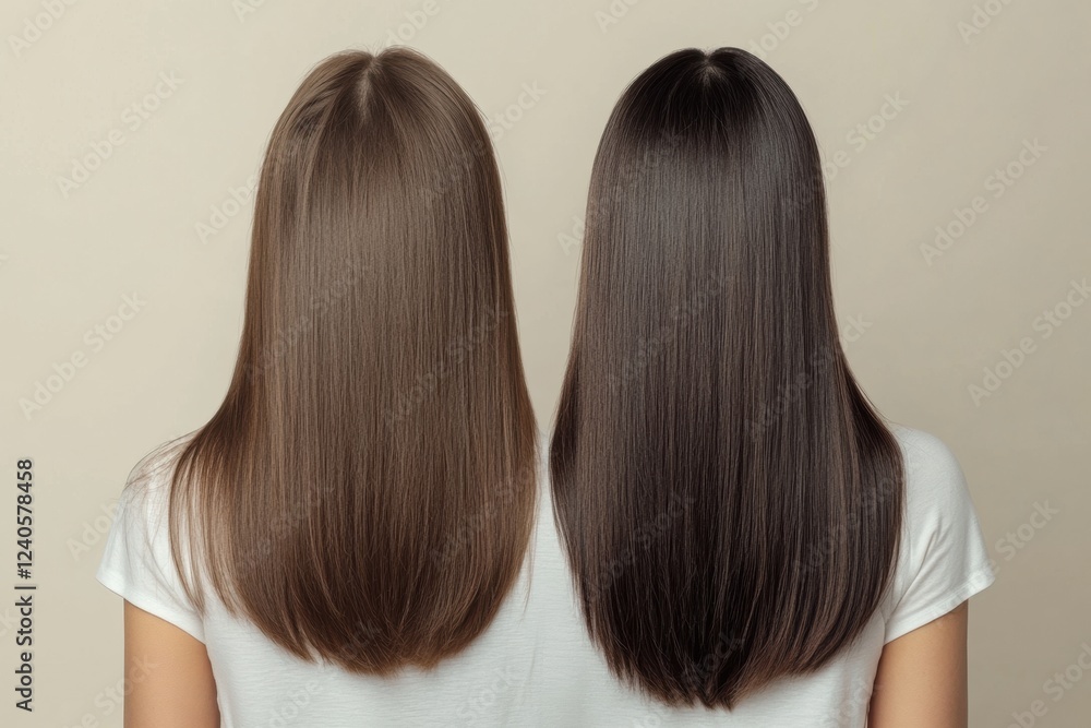 Aufkleber comparison of before and after results showing transformation from thin to thick hair with a neutral