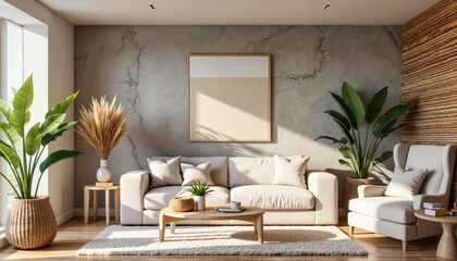 Elegant nature-inspired interior design with lush greenery, tranquility