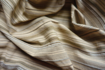Soft folds on beige and grey hairline striped cotton fabric