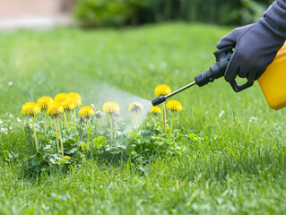 person spraying eco friendly weed killer on dandelions in green lawn, promoting healthy garden. vibrant yellow flowers contrast with lush grass