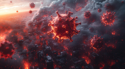 Visual representation of a city under threat from a viral outbreak during a dramatic sunset