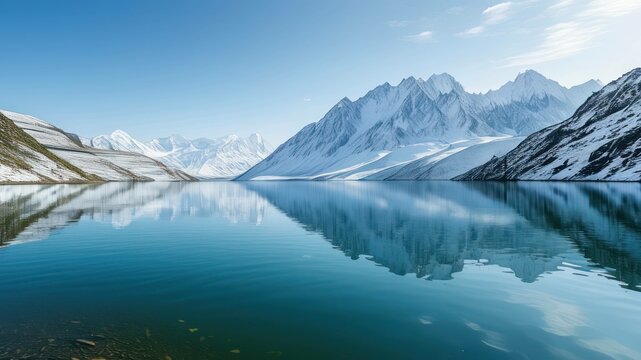 Serene mountain landscape with a reflective glacial lake