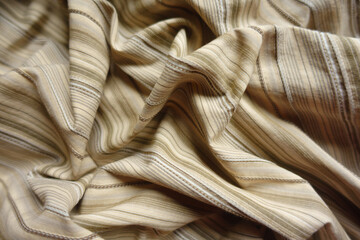 Wrinkled beige and grey hairline striped cotton fabric