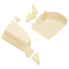 White Chocolate explosion. Levitating milk chocolate pieces shattering isolated on white...