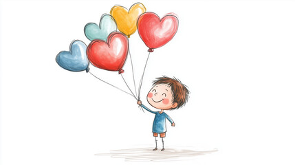 Saint Valentine sketch of a kid holding heart shaped ballons