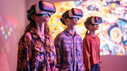 Kids exploring VR art gallery, colorful background, future tech education