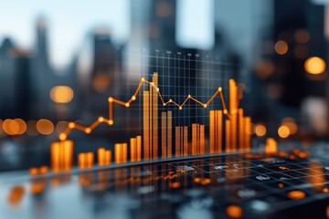Stunning financial charts and graphs overlaid on a blurred city skyline at night conveying the concepts of business growth investment success economic performance and strategic data visualization