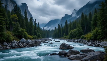 The river flowing over the green and lush mountains creates a calming and stunning view. Its clear water flows swiftly, creating small ripples on the surface that sparkle when touched by sunlight. Alo
