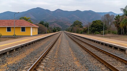Peaceful and picturesque rural train station surrounded by majestic mountains featuring railway tracks loading platforms and facilities for timber cargo and freight transportation