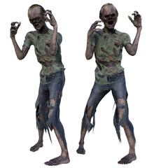 3D rendered zombie in two different poses isolated on transparent background