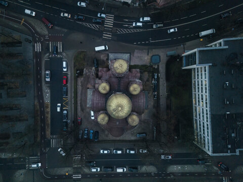 Aerial view of the ortodox church of St. Constantine and Michael with golden domes and surrounding urban landscape, Naujamiestis, Lithuania.