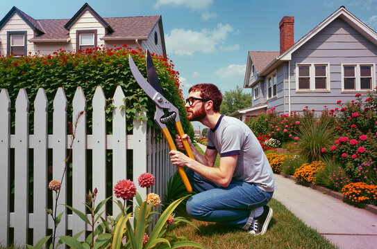 A man carefully pruning a hedge in a vibrant suburban garden on a sunny day, surrounded by blooming flowers and well-maintained homes.