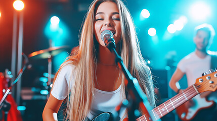 Young caucasian female singing on stage with band amid vibrant lights