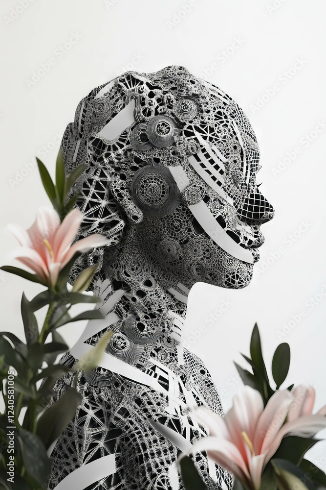 Poster minimalist collage featuring a statue with intricate fractal patterns and floral elements