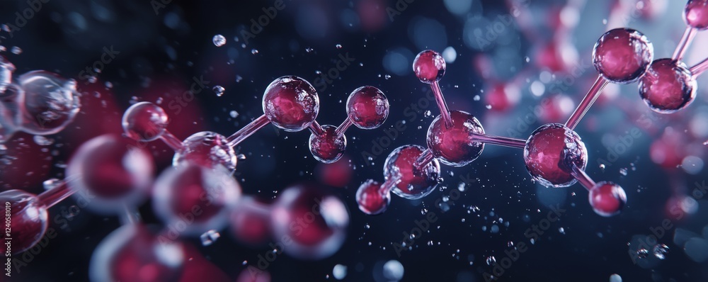 Poster molecular structure visualization showcasing interconnected red and transparent spheres representing