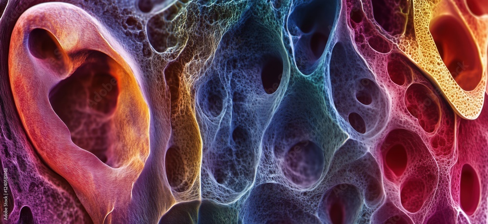 Poster colorful abstract representation of cellular structures showcasing intricate patterns and textures, 