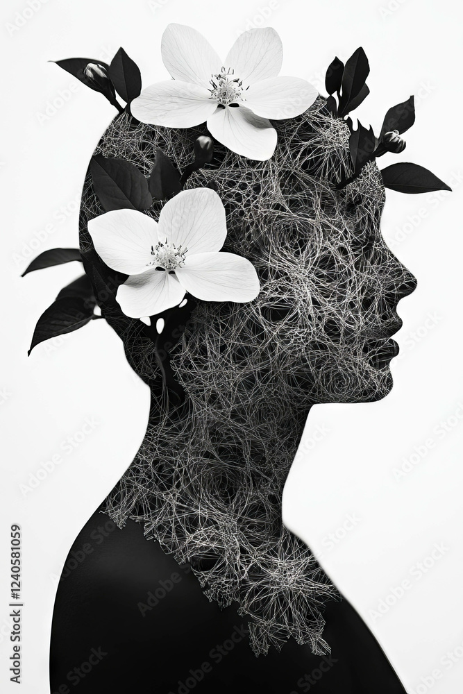 Poster minimalist collage of a statue with fractal patterns and floral elements on a white background
