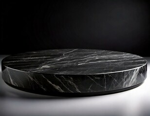 Realistic macro photo black flat round marble podium white background side view smooth surface texture detailed shadows natural lighting clean minimalistic design sharp focus artistic aesthetic modern
