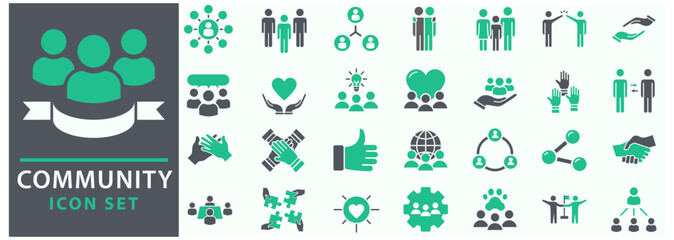 Community icon set. Containing people, friendship, social, diversity, village, relationships, support and community development icons. Set icon collection.