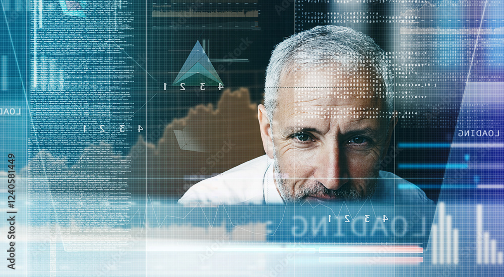 Poster Business man, reading and hologram for programming, code and overlay with futuristic ui at office. Mature person, review and developer with digital transformation for user experience at IT company
