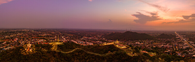 aerial view beautiful golden sunrise the palace in Phetchaburi city on hilltop..A beautiful palace built on top of a hill is a famous landmark on the hilltop of Phetchaburi province.