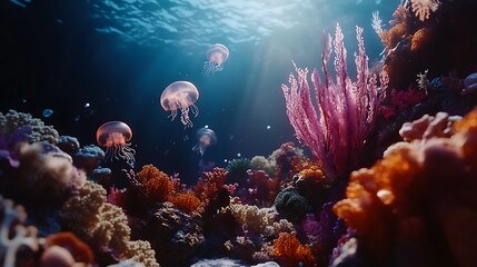 Fototapeta premium Underwater Scene with Jellyfish and Coral Reef