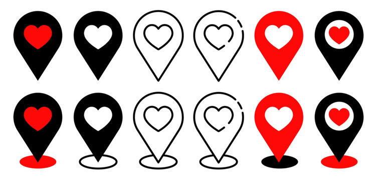 vector set of love location icons, heart map pins, romantic destination
