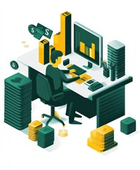 Person Working at Desk with Financial Charts and Money Stacks