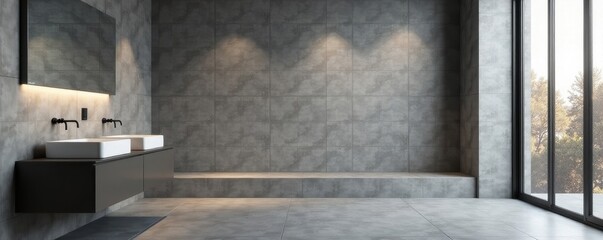 Sleek gray tile, modern fixtures, minimalist design, architecture, luxury, wall