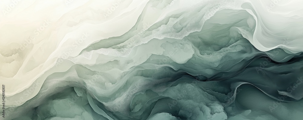 Poster abstract fluid art with soft green and white waves, showcasing smooth gradients and ethereal texture