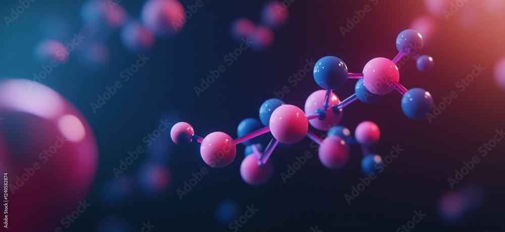 Poster molecular structure visualization with colorful atoms and bonds in 3d space, copy space for text