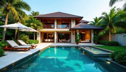 Private villa, stunning pool, lush landscaping, flowers, tropical garden, tranquility