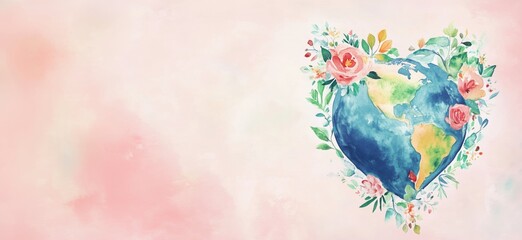 Heart-shaped Earth illustration surrounded by floral elements, vibrant colors, soft pink background, symbolizing love for the planet and nature, copy space for text