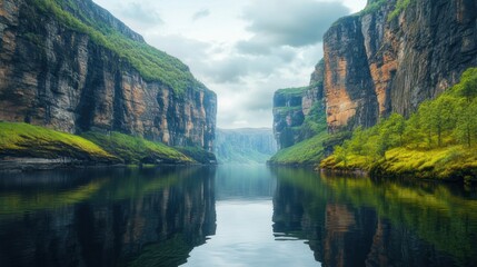 Fototapeta premium A scenic highway winding through lush green mountains with a red convertible driving under a golden sunset.