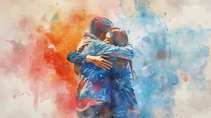 Fototapeta premium People hugging and celebrating watercolor painting