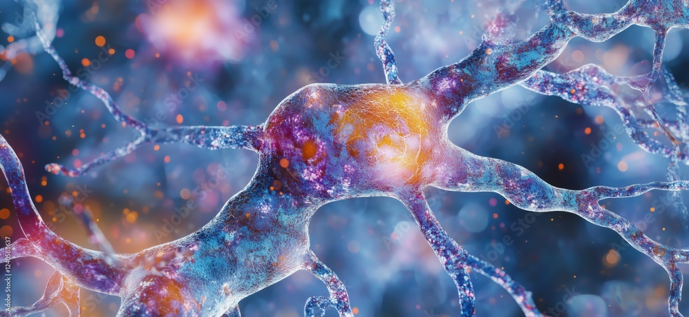Poster neurons and synapses in colorful abstract representation of neural network activity, copy space for 