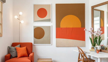 Contemporary art featuring bold colors in a cozy interior, modern design