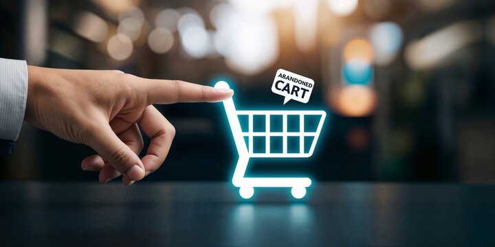 Hand points to an abandoned cart icon in online shopping