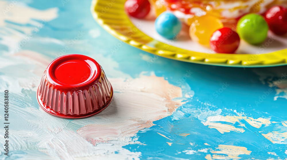 Aufkleber vibrant red soda cap rests on colorful surface beside plate of assorted desserts, creating playful a