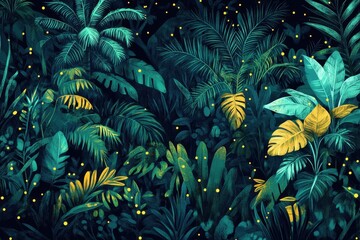 Lush Tropical Night Scene With Fireflies Among Green Leaves