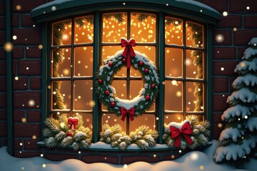 Fototapeta premium A decorated window shines with Christmas lights and wreaths. Snow falls softly outside, creating a wintery scene